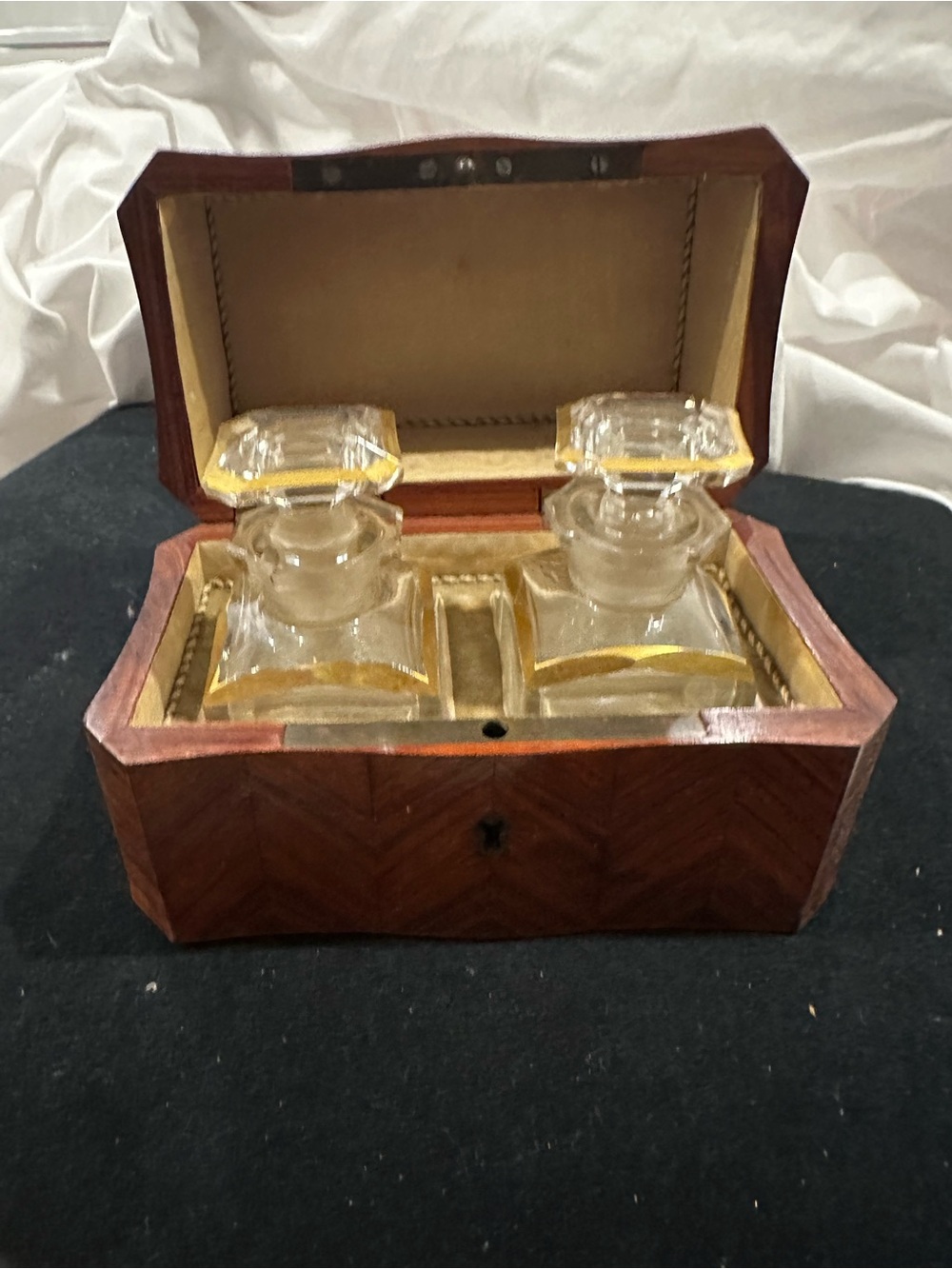Vintage Double Glass Perfume Set in Brown Wood Inlay box.